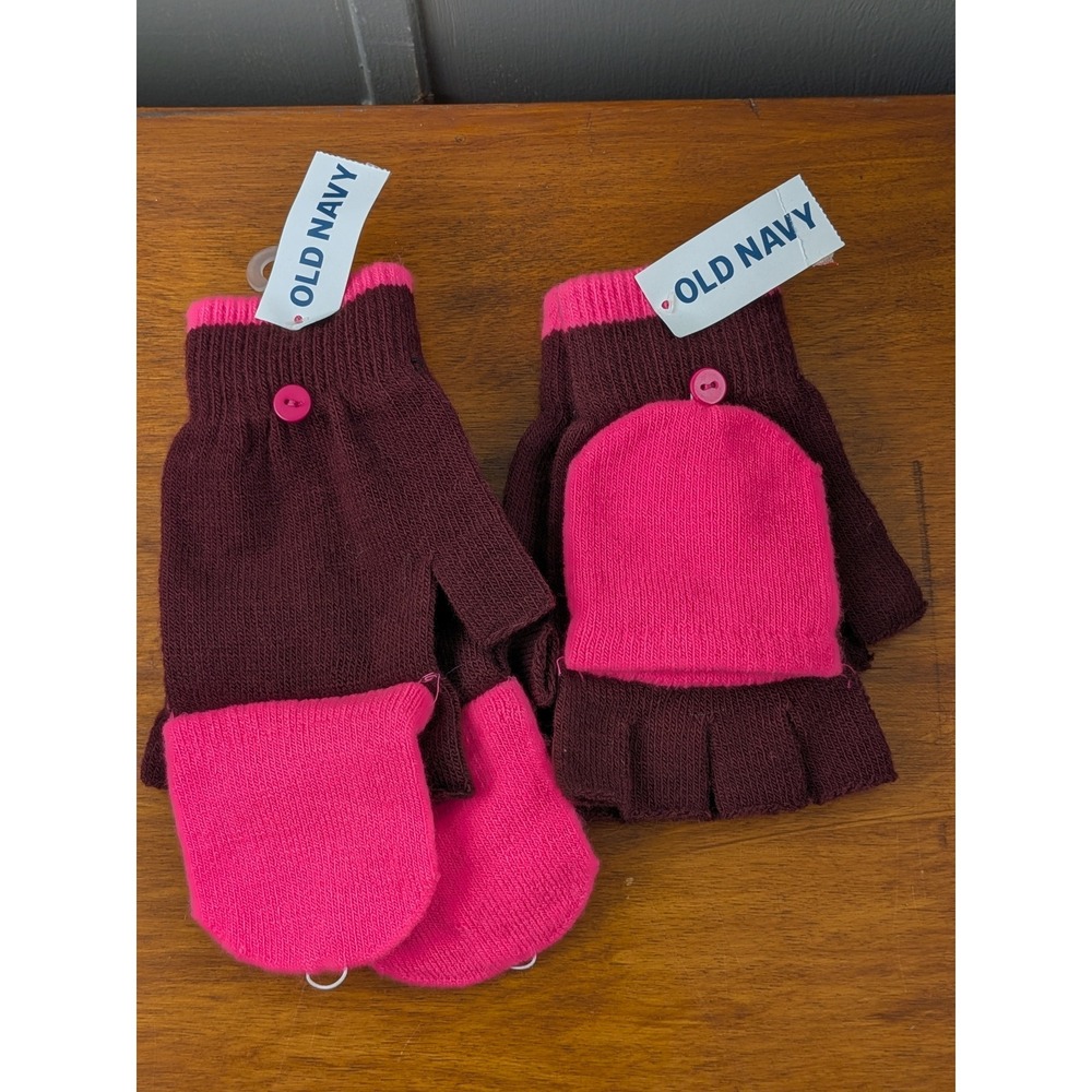 Old Navy Kids Convertible Fingerless Mitten Gloves Pink Burgundy One Size NWT